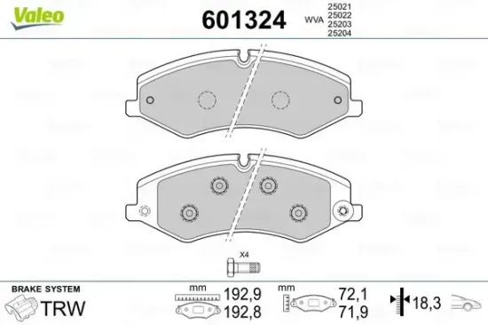 Bremsbelagsatz, Scheibenbremse Vorderachse VALEO 601324 Bild Bremsbelagsatz, Scheibenbremse Vorderachse VALEO 601324
