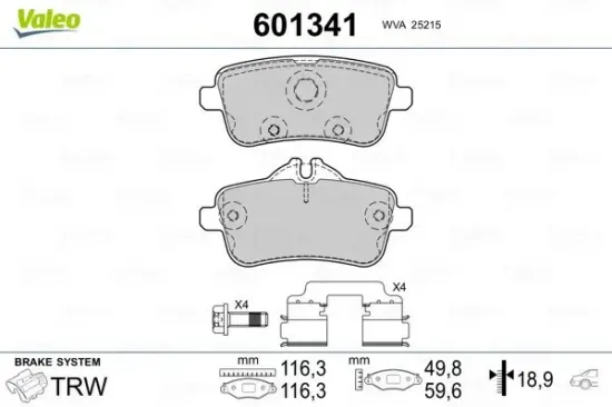 Bremsbelagsatz, Scheibenbremse Hinterachse VALEO 601341 Bild Bremsbelagsatz, Scheibenbremse Hinterachse VALEO 601341