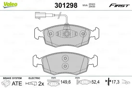 Bremsbelagsatz, Scheibenbremse Vorderachse VALEO 301298 Bild Bremsbelagsatz, Scheibenbremse Vorderachse VALEO 301298