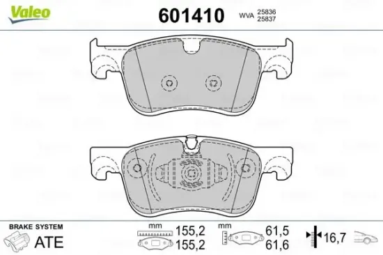 Bremsbelagsatz, Scheibenbremse Vorderachse VALEO 601410 Bild Bremsbelagsatz, Scheibenbremse Vorderachse VALEO 601410
