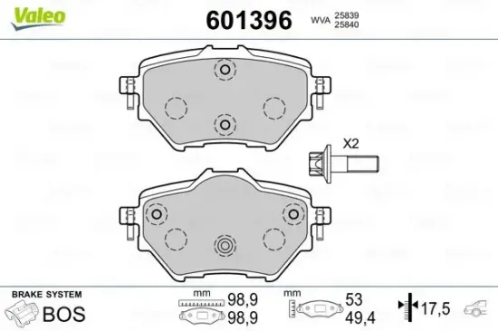 Bremsbelagsatz, Scheibenbremse Hinterachse VALEO 601396 Bild Bremsbelagsatz, Scheibenbremse Hinterachse VALEO 601396