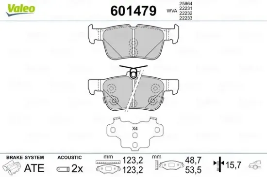 Bremsbelagsatz, Scheibenbremse Hinterachse VALEO 601479 Bild Bremsbelagsatz, Scheibenbremse Hinterachse VALEO 601479