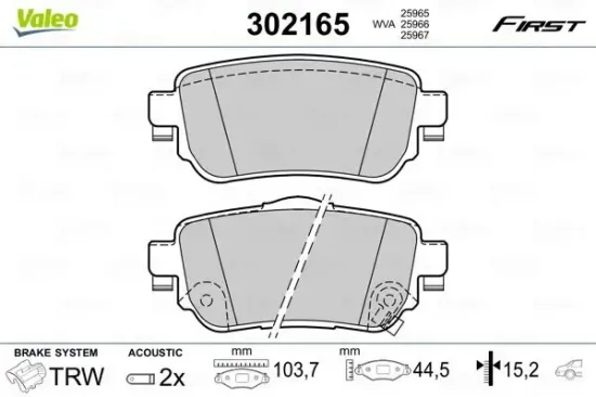 Bremsbelagsatz, Scheibenbremse Hinterachse VALEO 302165 Bild Bremsbelagsatz, Scheibenbremse Hinterachse VALEO 302165
