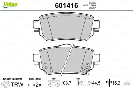 Bremsbelagsatz, Scheibenbremse Hinterachse VALEO 601416 Bild Bremsbelagsatz, Scheibenbremse Hinterachse VALEO 601416