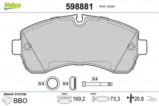 Bremsbelagsatz, Scheibenbremse Vorderachse VALEO 598881 Bild Bremsbelagsatz, Scheibenbremse Vorderachse VALEO 598881