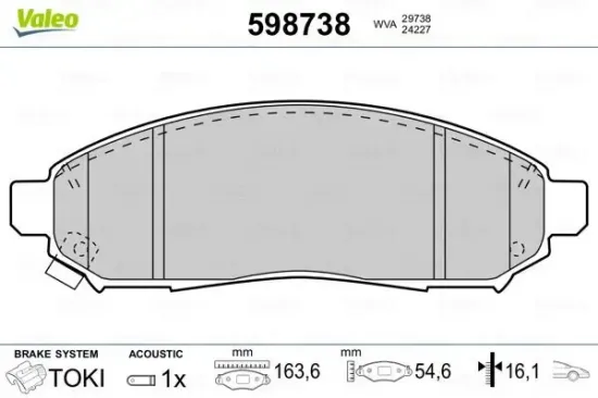 Bremsbelagsatz, Scheibenbremse Vorderachse VALEO 598738 Bild Bremsbelagsatz, Scheibenbremse Vorderachse VALEO 598738
