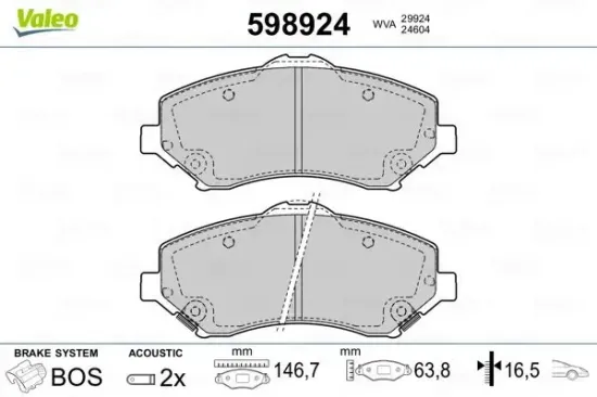 Bremsbelagsatz, Scheibenbremse Vorderachse VALEO 598924 Bild Bremsbelagsatz, Scheibenbremse Vorderachse VALEO 598924