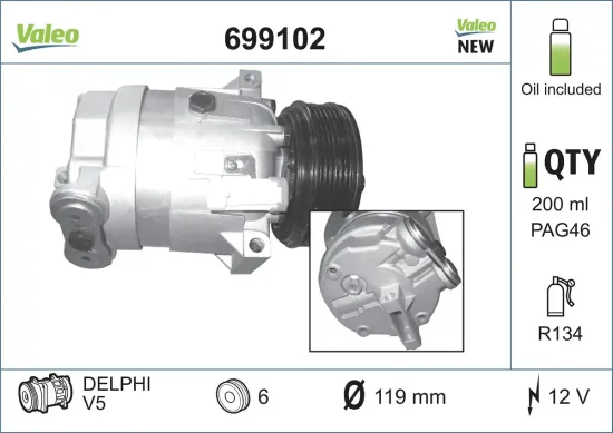 Kompressor, Klimaanlage 12 V VALEO 699102 Bild Kompressor, Klimaanlage 12 V VALEO 699102
