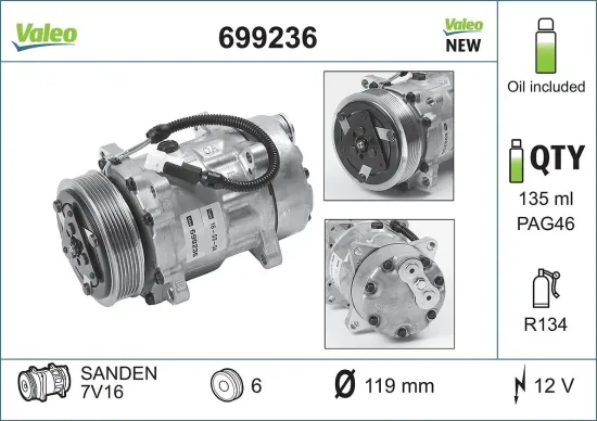 Kompressor, Klimaanlage 12 V VALEO 699236 Bild Kompressor, Klimaanlage 12 V VALEO 699236