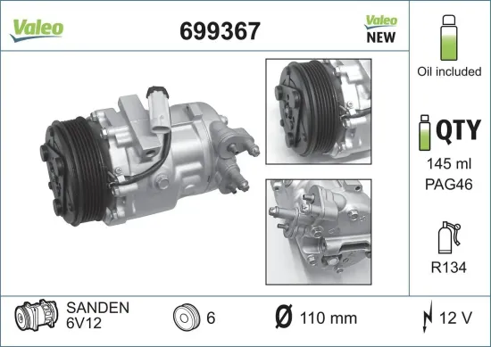 Kompressor, Klimaanlage 12 V VALEO 699367 Bild Kompressor, Klimaanlage 12 V VALEO 699367