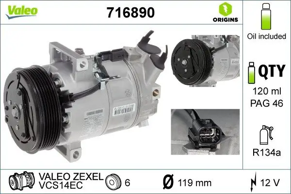 Kompressor, Klimaanlage 12 V VALEO 716890