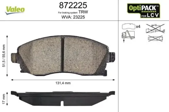 Bremsbelagsatz, Scheibenbremse Vorderachse VALEO 872225 Bild Bremsbelagsatz, Scheibenbremse Vorderachse VALEO 872225