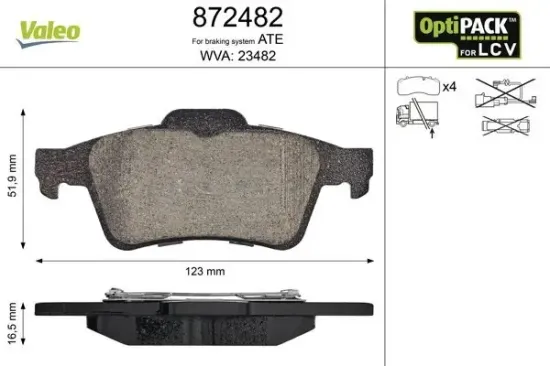 Bremsbelagsatz, Scheibenbremse Hinterachse VALEO 872482 Bild Bremsbelagsatz, Scheibenbremse Hinterachse VALEO 872482
