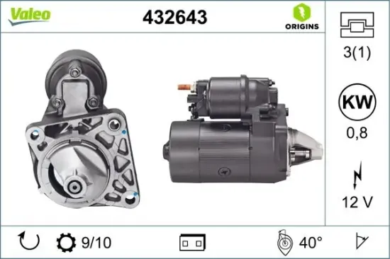 Starter 12 V 0,8 kW VALEO 432643 Bild Starter 12 V 0,8 kW VALEO 432643