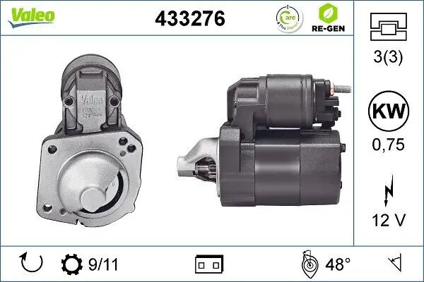 Starter 12 V 0,75 kW VALEO 433276
