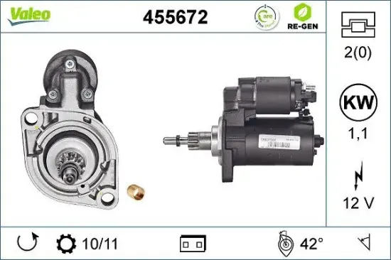 Starter 12 V 1,1 kW VALEO 455672 Bild Starter 12 V 1,1 kW VALEO 455672