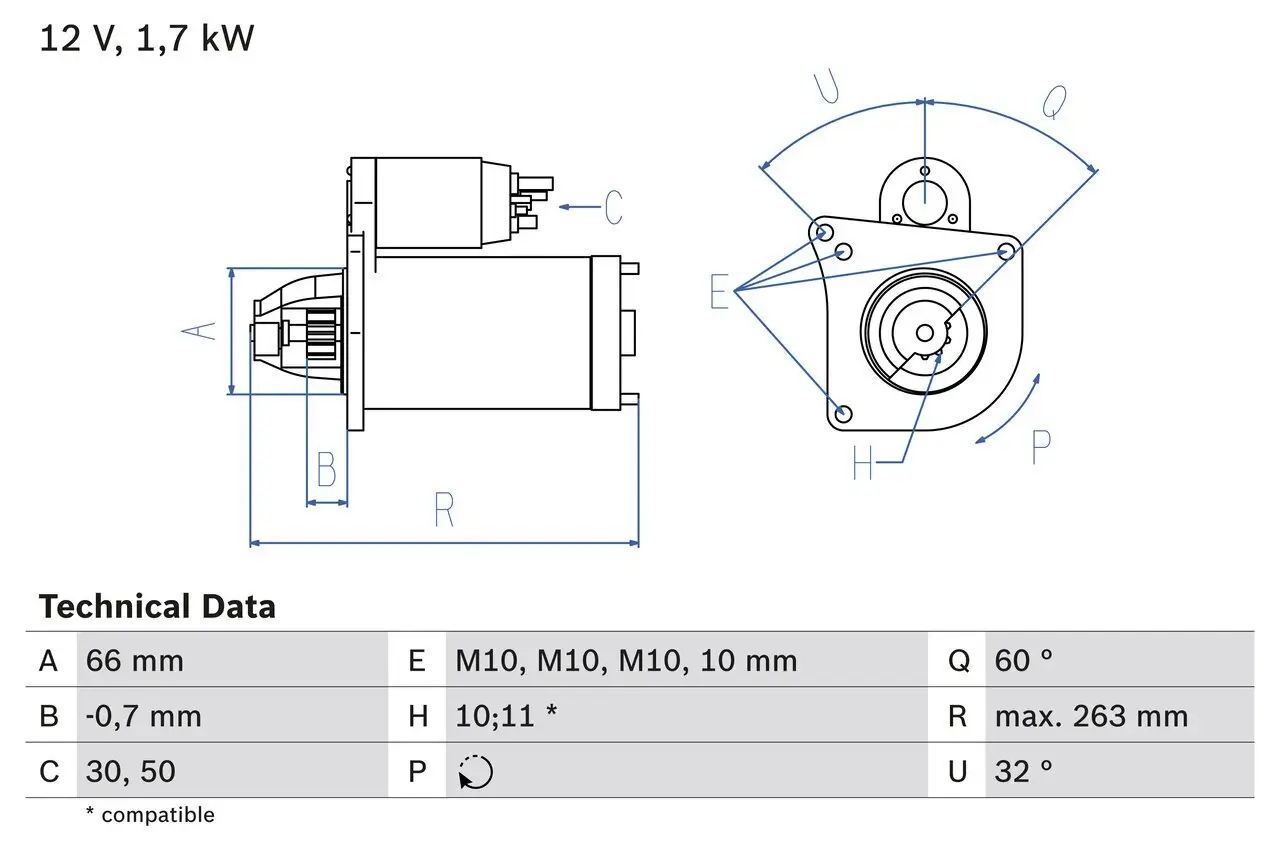 Starter 12 V 1,7 kW BOSCH 0 986 013 200