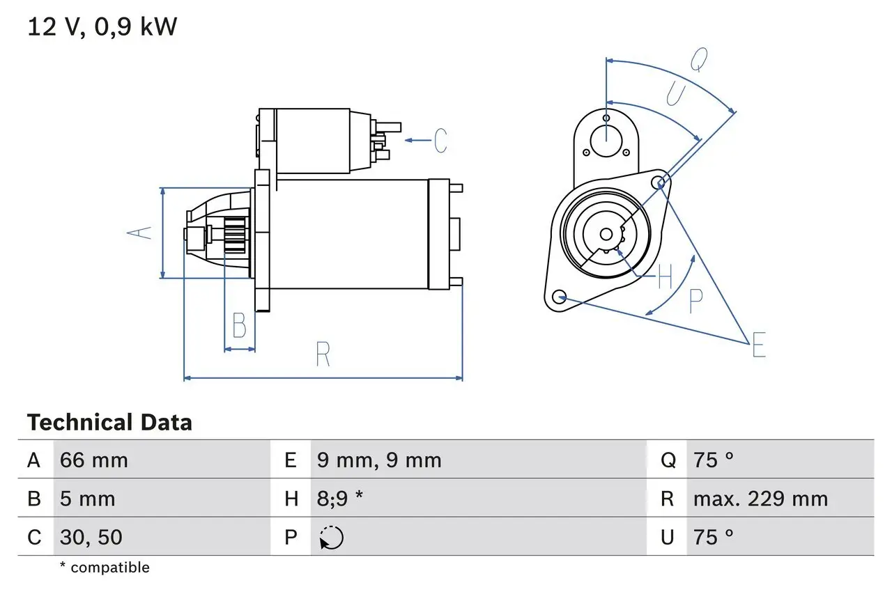 Starter 12 V 0,9 kW BOSCH 0 986 014 350