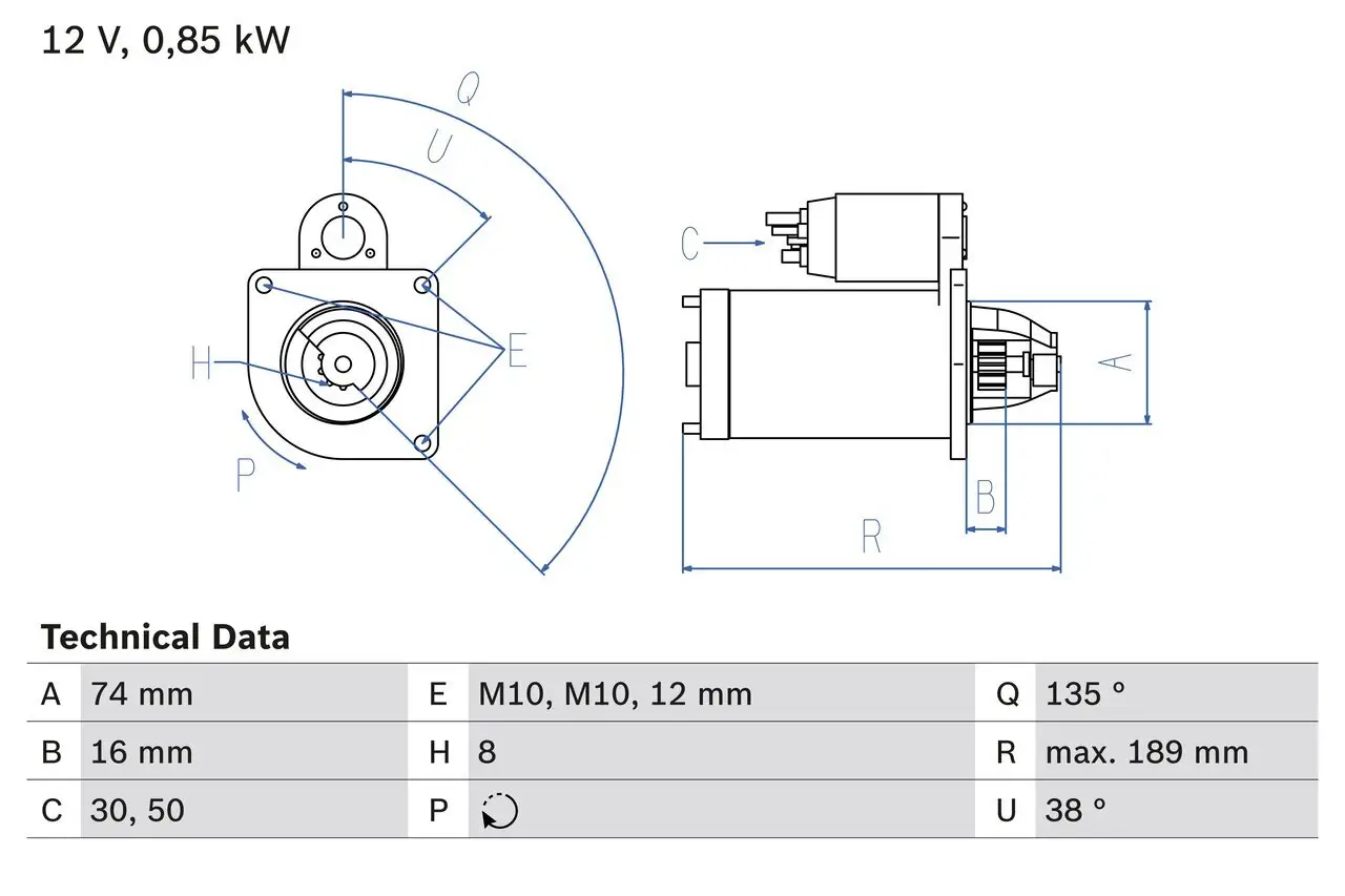 Starter 12 V 0,85 kW BOSCH 0 986 014 991