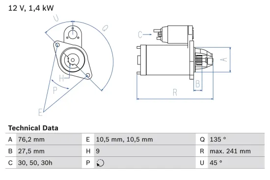 Starter 12 V 1,4 kW BOSCH 0 986 015 050 Bild Starter 12 V 1,4 kW BOSCH 0 986 015 050