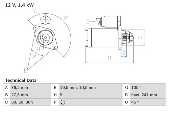 Starter 12 V 1,4 kW BOSCH 0 986 015 050 Bild Starter 12 V 1,4 kW BOSCH 0 986 015 050