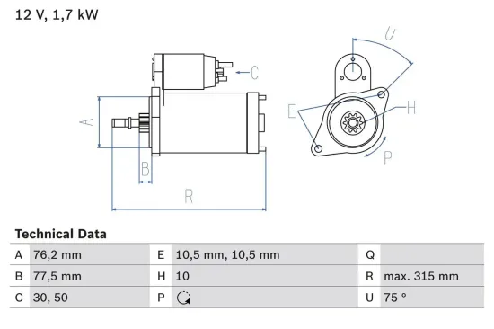 Starter 12 V 1,7 kW BOSCH 0 986 016 250 Bild Starter 12 V 1,7 kW BOSCH 0 986 016 250