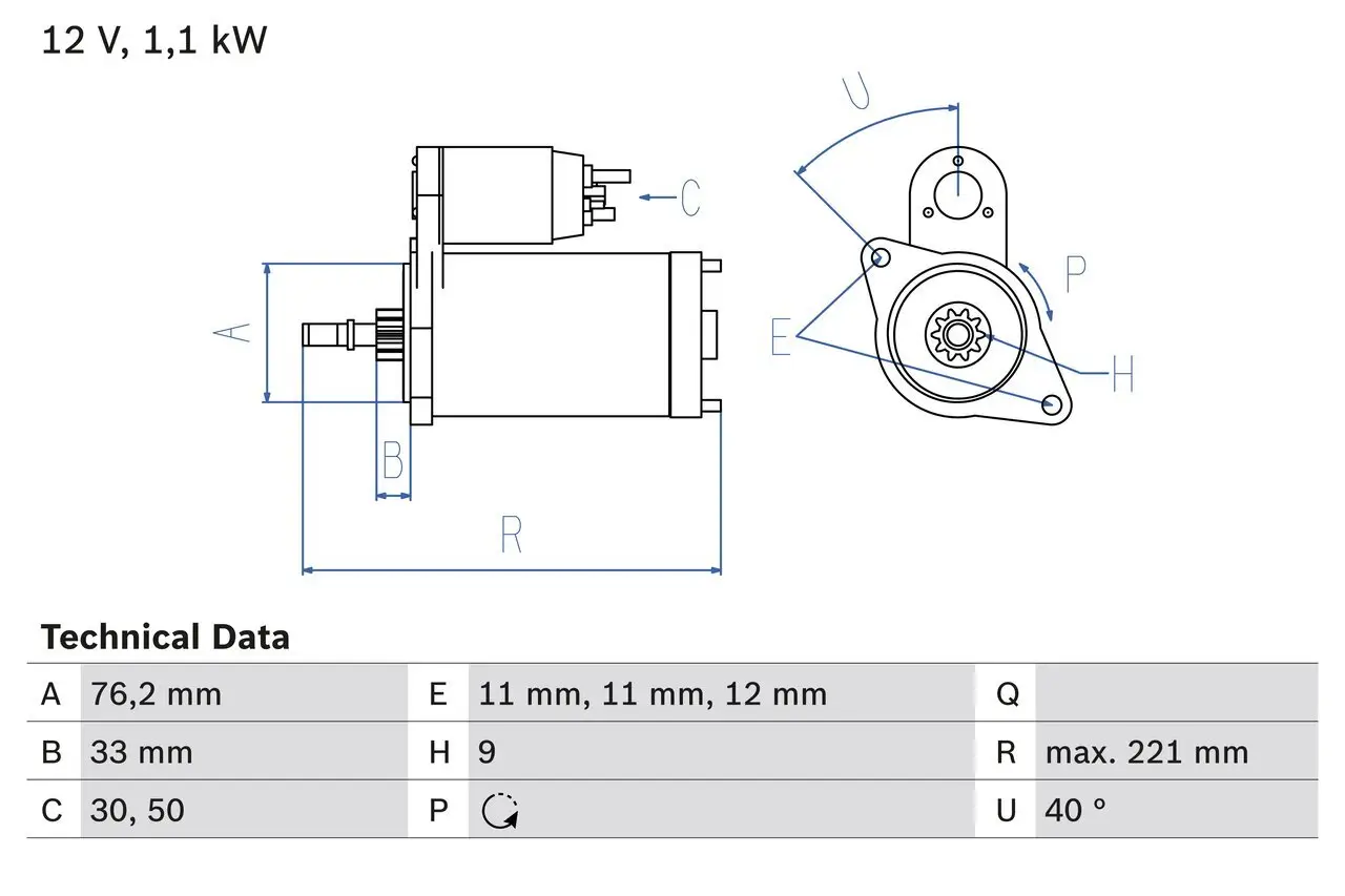 Starter 12 V 1,1 kW BOSCH 0 986 016 290