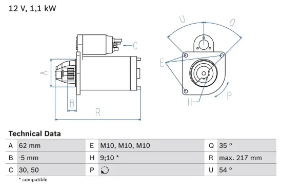 Starter 12 V 1,1 kW BOSCH 0 986 016 530 Bild Starter 12 V 1,1 kW BOSCH 0 986 016 530