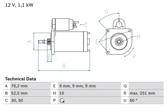 Starter 12 V 1,1 kW BOSCH 0 986 016 750 Bild Starter 12 V 1,1 kW BOSCH 0 986 016 750