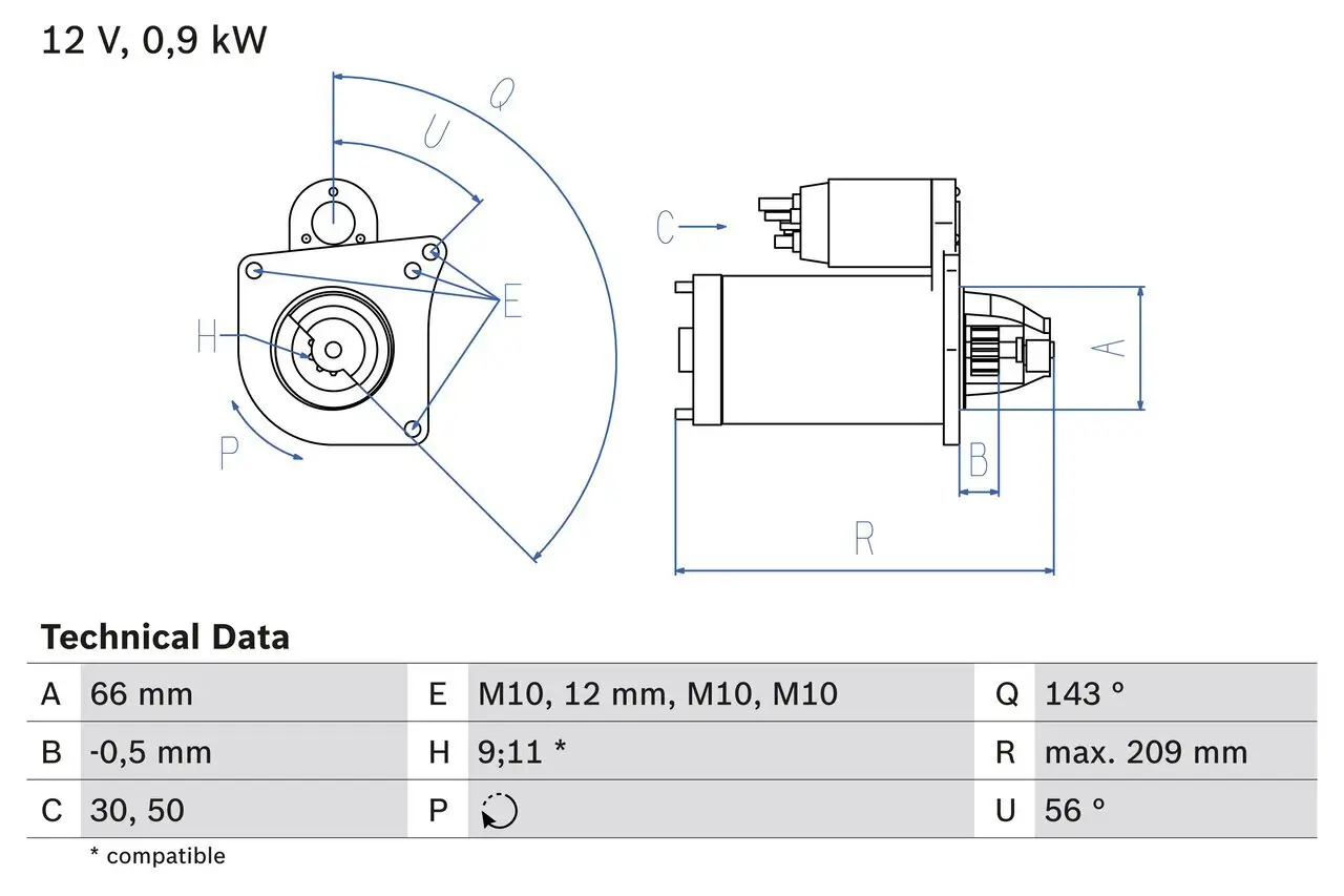 Starter 12 V 0,9 kW BOSCH 0 986 018 860