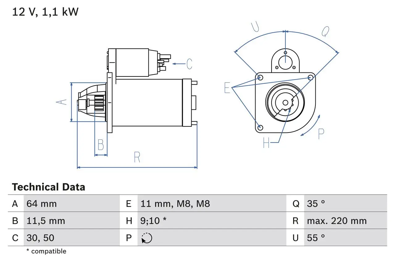 Starter 12 V 1,1 kW BOSCH 0 986 018 880