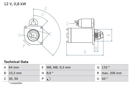 Starter 12 V 0,8 kW BOSCH 0 986 019 301 Bild Starter 12 V 0,8 kW BOSCH 0 986 019 301