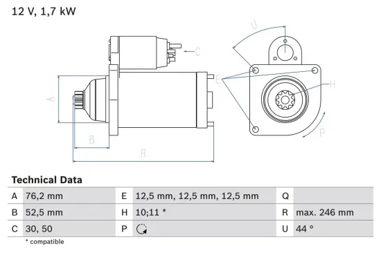 Starter 12 V 1,7 kW BOSCH 0 986 020 250 Bild Starter 12 V 1,7 kW BOSCH 0 986 020 250