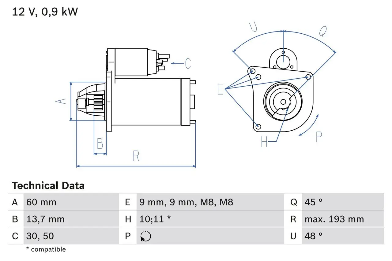 Starter 12 V 0,9 kW BOSCH 0 986 021 970