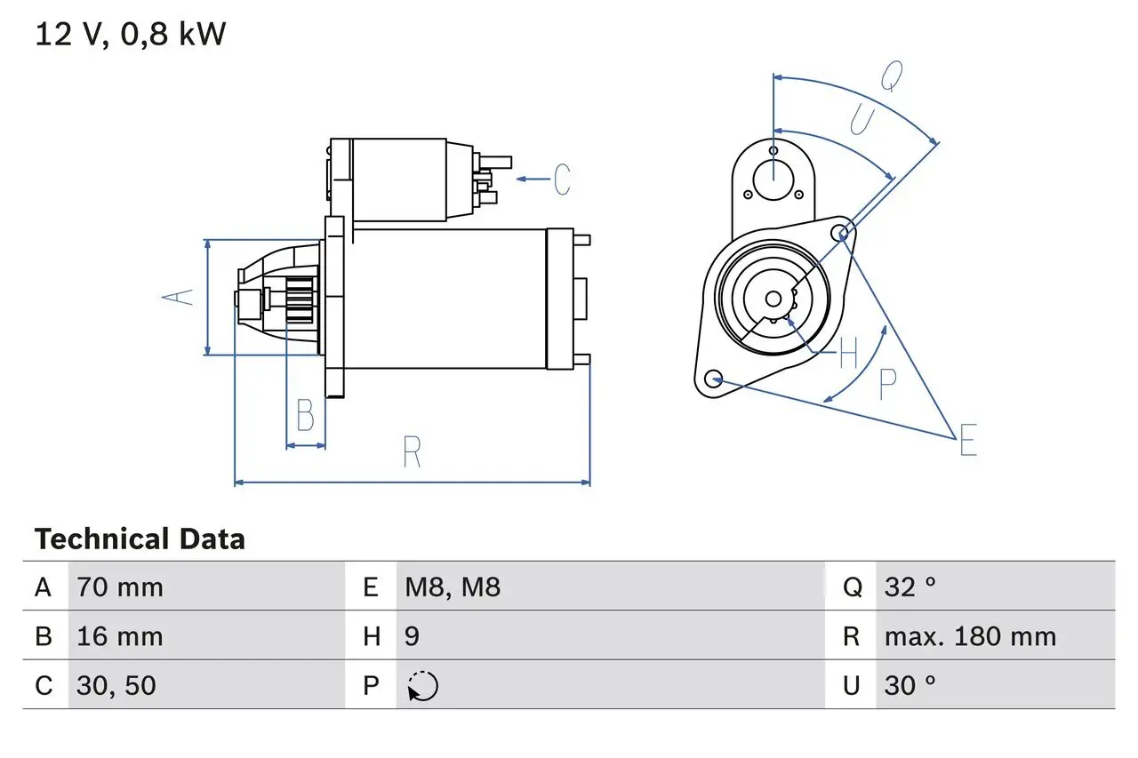 Starter 12 V 0,8 kW BOSCH 0 986 022 151