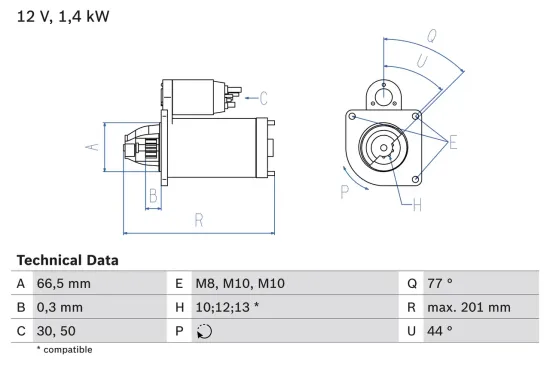 Starter 12 V 1,6 kW 1,4 kW BOSCH 0 986 022 800 Bild Starter 12 V 1,6 kW 1,4 kW BOSCH 0 986 022 800