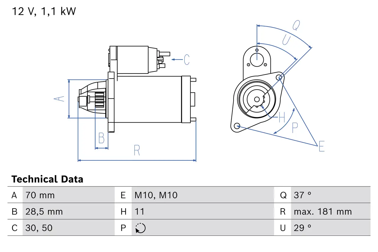 Starter 12 V 1,1 kW BOSCH 0 986 029 170