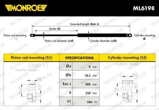 Gasfeder, Motorhaube vorne MONROE ML6198 Bild Gasfeder, Motorhaube vorne MONROE ML6198