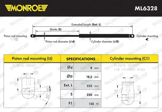 Gasfeder, Koffer-/Laderaum hinten MONROE ML6328 Bild Gasfeder, Koffer-/Laderaum hinten MONROE ML6328