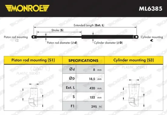 Gasfeder, Motorhaube Fahrzeugfront MONROE ML6385 Bild Gasfeder, Motorhaube Fahrzeugfront MONROE ML6385