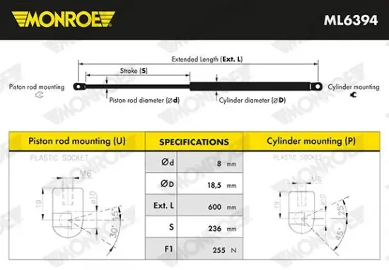 Gasfeder, Koffer-/Laderaum hinten MONROE ML6394 Bild Gasfeder, Koffer-/Laderaum hinten MONROE ML6394