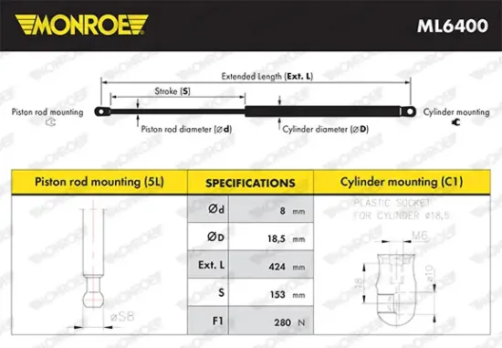 Gasfeder, Motorhaube vorne MONROE ML6400 Bild Gasfeder, Motorhaube vorne MONROE ML6400