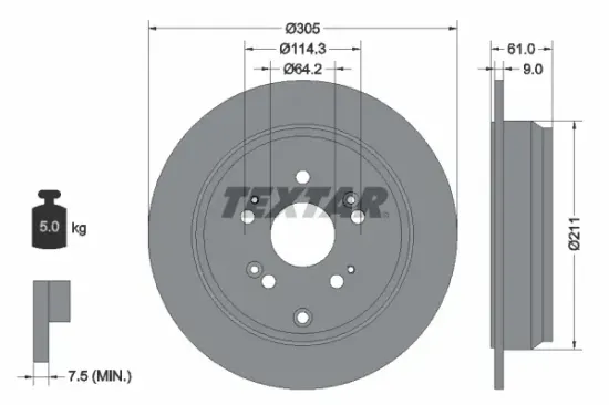 Bremsscheibe Hinterachse TEXTAR 92162503 Bild Bremsscheibe Hinterachse TEXTAR 92162503