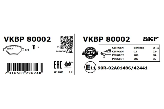 Bremsbelagsatz, Scheibenbremse SKF VKBP 80002 Bild Bremsbelagsatz, Scheibenbremse SKF VKBP 80002