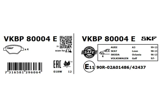 Bremsbelagsatz, Scheibenbremse SKF VKBP 80004 E Bild Bremsbelagsatz, Scheibenbremse SKF VKBP 80004 E