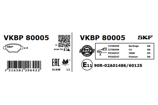 Bremsbelagsatz, Scheibenbremse SKF VKBP 80005 Bild Bremsbelagsatz, Scheibenbremse SKF VKBP 80005