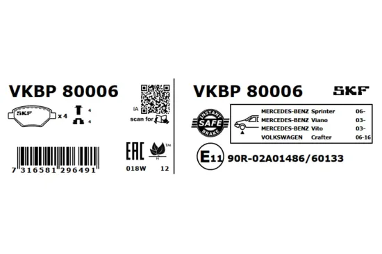 Bremsbelagsatz, Scheibenbremse Vorderachse SKF VKBP 80006 Bild Bremsbelagsatz, Scheibenbremse Vorderachse SKF VKBP 80006