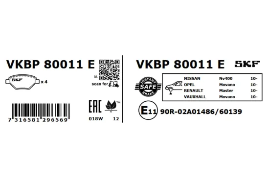 Bremsbelagsatz, Scheibenbremse Vorderachse SKF VKBP 80011 E Bild Bremsbelagsatz, Scheibenbremse Vorderachse SKF VKBP 80011 E