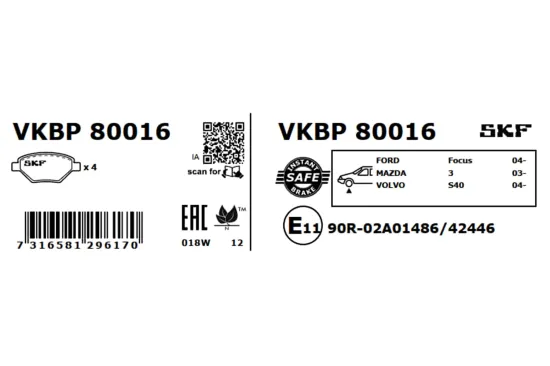 Bremsbelagsatz, Scheibenbremse Vorderachse SKF VKBP 80016 Bild Bremsbelagsatz, Scheibenbremse Vorderachse SKF VKBP 80016