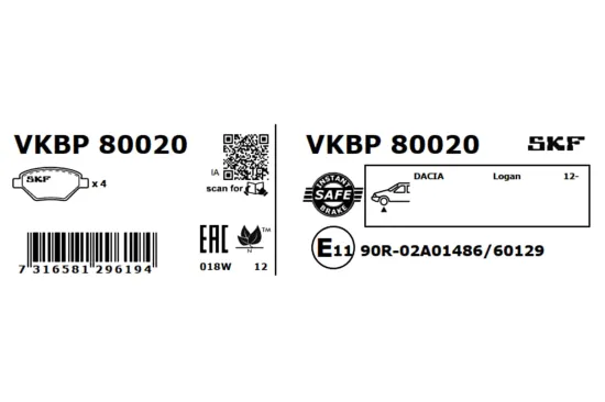 Bremsbelagsatz, Scheibenbremse Vorderachse SKF VKBP 80020 Bild Bremsbelagsatz, Scheibenbremse Vorderachse SKF VKBP 80020